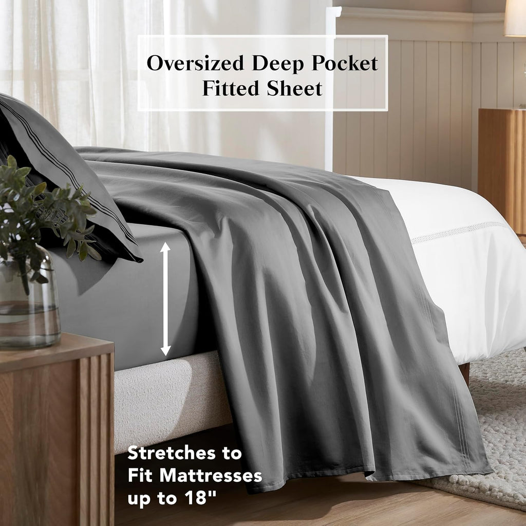 Superior Egyptian Cotton 4 Piece Sheet Set, 650 Thread Count, Modern Design, Sustainable Sheets, Ultra-Soft Basics, Solid, Deep Pocket Fitted Sheet, Flat Sheet, Pillowcases, California King, Grey
