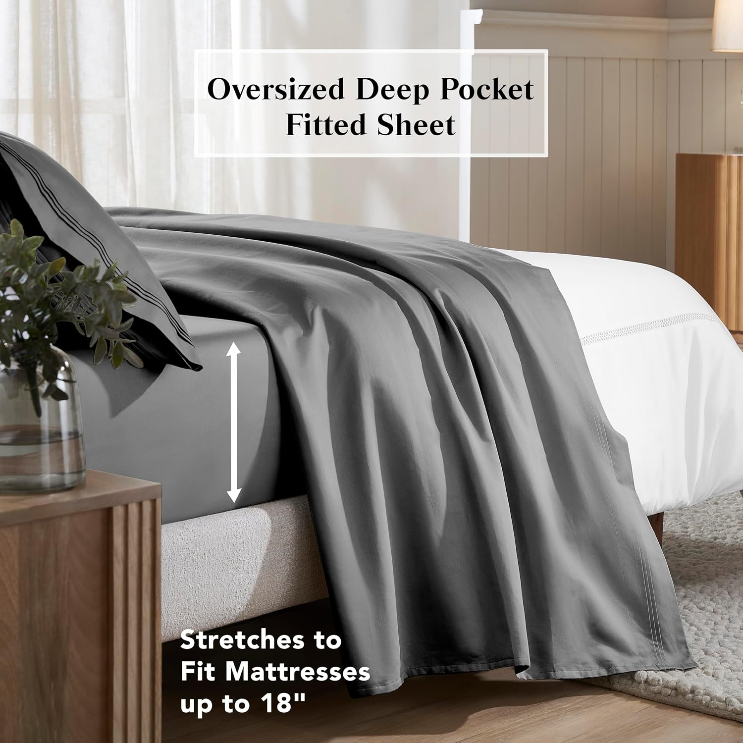 Superior Egyptian Cotton 4 Piece Sheet Set, 650 Thread Count, Modern Design, Sustainable Sheets, Ultra-Soft Basics, Solid, Deep Pocket Fitted Sheet, Flat Sheet, Pillowcases, California King, Grey