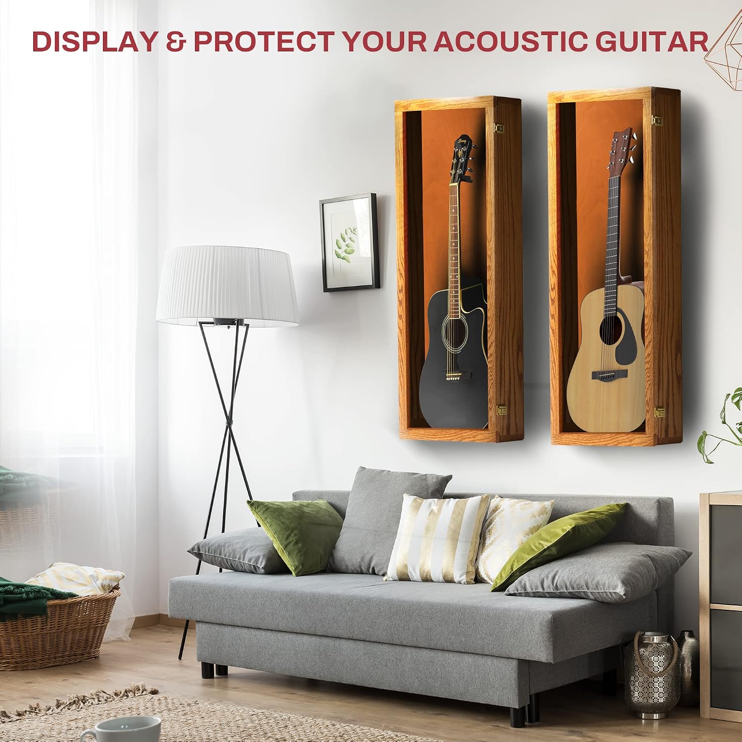 PENNZONI Acoustic Guitar Display Case - Acrylic Acoustic Guitar Case - Guitar Display Case Wall Mount, Guitar Wall Case Made from Hardwood Frame & Clear Acrylic | Natrual Oak