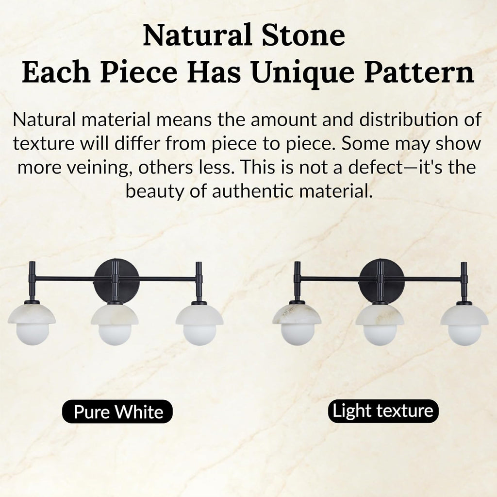 Alabaster 3-Light Wall Sconce, 20 Inch Modern Natural Marble Bathroom Vanity Sconce, Matte Black Alabaster Sconce Wall Lighting, Hand-Carved Wall Light Fixtures Decor for Hallway, Bathroom (Black)