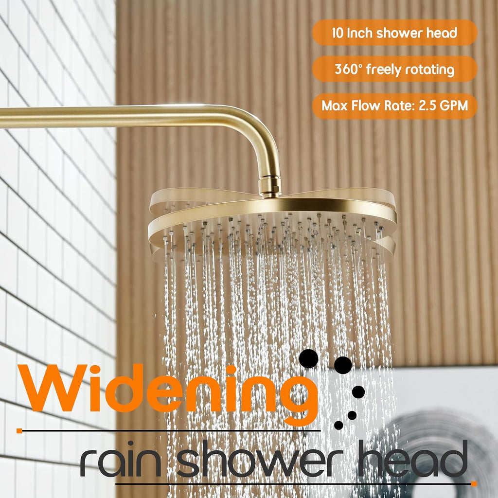 Bathroom Shower Trim Kit with 10'' High Pressure Rain Shower Head, 3-Function Handheld Spray and Valve Included, Wall Mounted Gold Finish SF001GD-D10