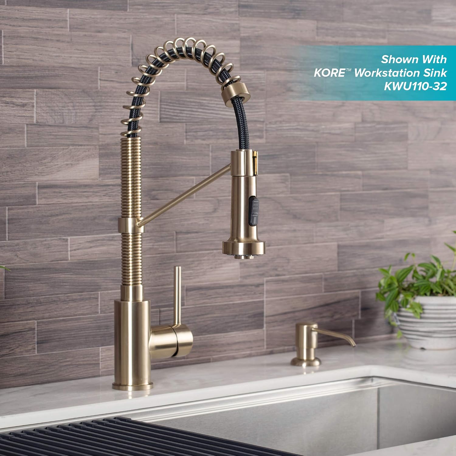 KRAUS Spot Free Bolden™ 18-Inch Commercial Kitchen Faucet with Soap Dispenser in All-Brite™ Antique Champagne Bronze Finish