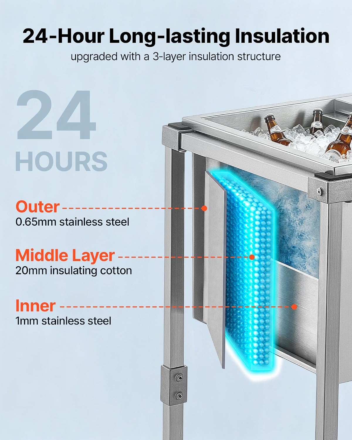 VEVOR Commercial Ice Bin, Underbar Ice Bin, Stainless Steel Ice Chest with Sliding Lid, Bottle Holders, Adjustable Bullet Feet, Cooler Cart Cocktail Unit for Bar Restaurant Pub