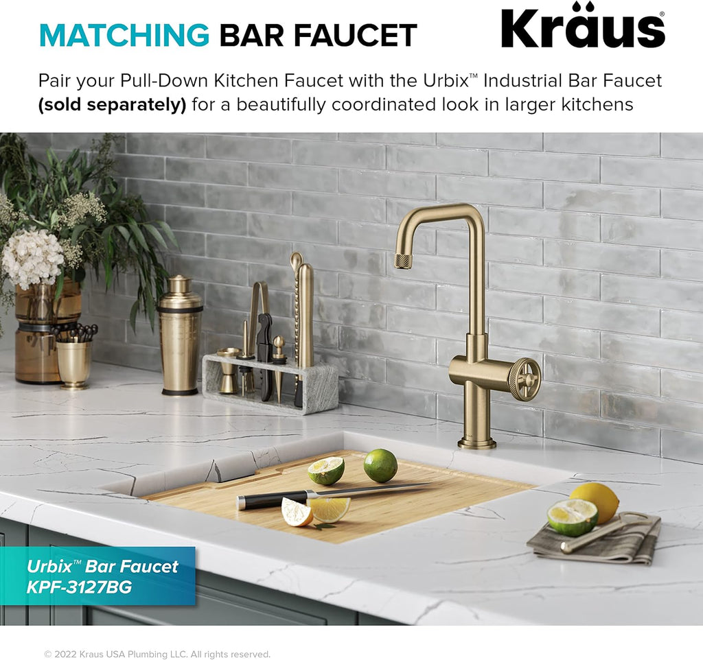 KRAUS Urbix Industrial Pull-Down Single Handle Kitchen Faucet in Brushed Gold, KPF-3126BG