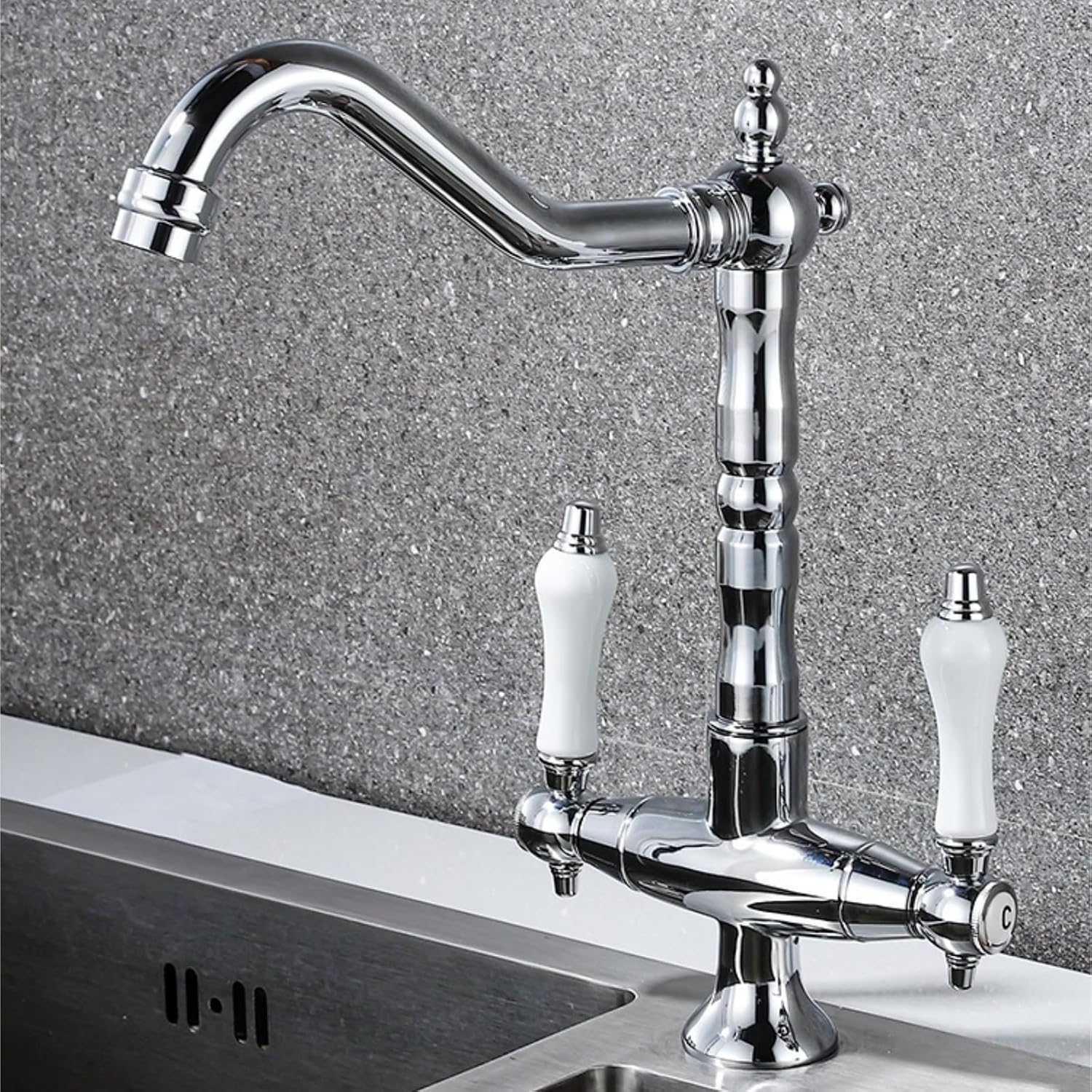 All Copper Retro European Kitchen Faucet Double Handle Hot and Cold Rotating Faucet(Silver)