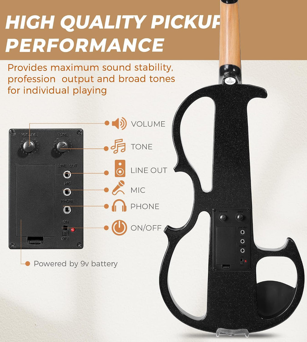 Vangoa LEFT HANDED Electric Violin 4/4 Full Size, Silent Electronic Violin Fiddle for Lefty with Solid Maple Wood Metallic, Ebony Fittings for Beginners Adults Teens Youth Students, Black