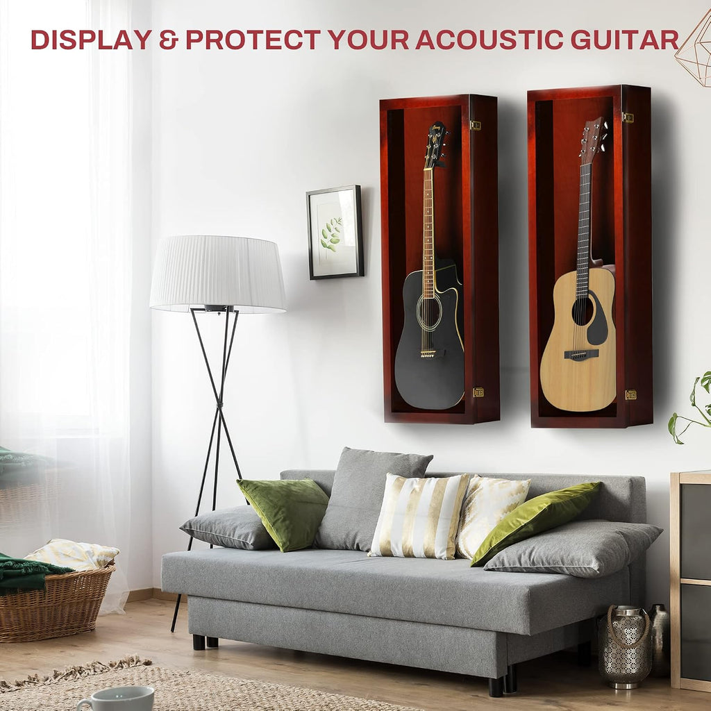 PENNZONI Acoustic Guitar Display Case - Acrylic Acoustic Guitar Case - Guitar Display Case Wall Mount Made from Hardwood Frame & Clear Acrylic - Cherry w/No Felt