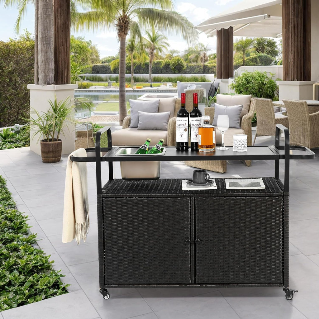 Outdoor Wicker Bar Table, All-Weather Rolling Rattan Bar Cart with Lockable Wheels, Steel Top and Ice Bucket, Outdoor Storage Cabinet Waterproof for Patio, Garden, Poolside, Backyard, Black