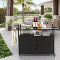 Outdoor Wicker Bar Table, All-Weather Rolling Rattan Bar Cart with Lockable Wheels, Steel Top and Ice Bucket, Outdoor Storage Cabinet Waterproof for Patio, Garden, Poolside, Backyard, Black