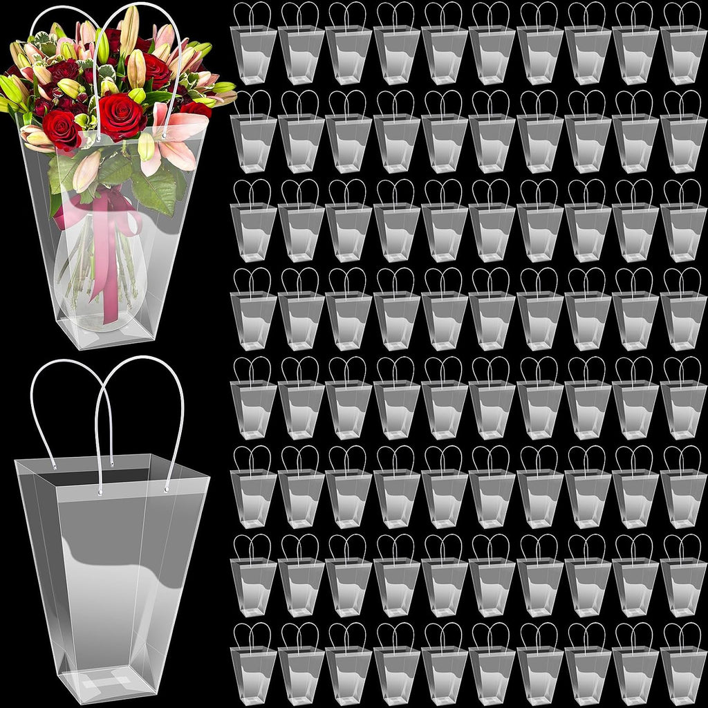 Yexiya 96 Pcs Floral Bags Large Clear Flower Bouquet Bag Bulk with Handle Transparent Florist Wedding Gift Packaging Plastic Gift Birthday Valentine's Mother's Day, 11.4 x 5.9 x 16.7 in (Clear Edge)