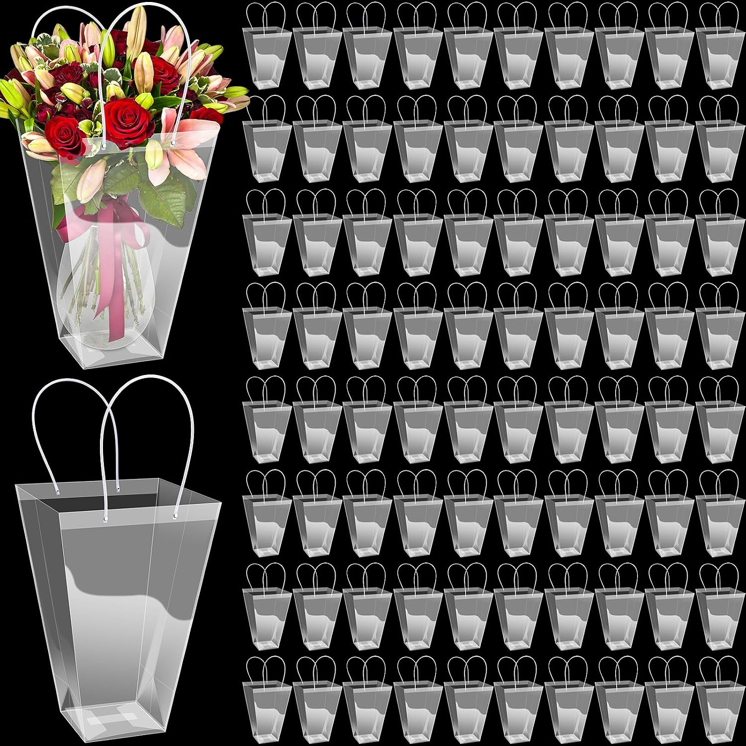 Yexiya 96 Pcs Floral Bags Large Clear Flower Bouquet Bag Bulk with Handle Transparent Florist Wedding Gift Packaging Plastic Gift Birthday Valentine's Mother's Day, 11.4 x 5.9 x 16.7 in (Clear Edge)