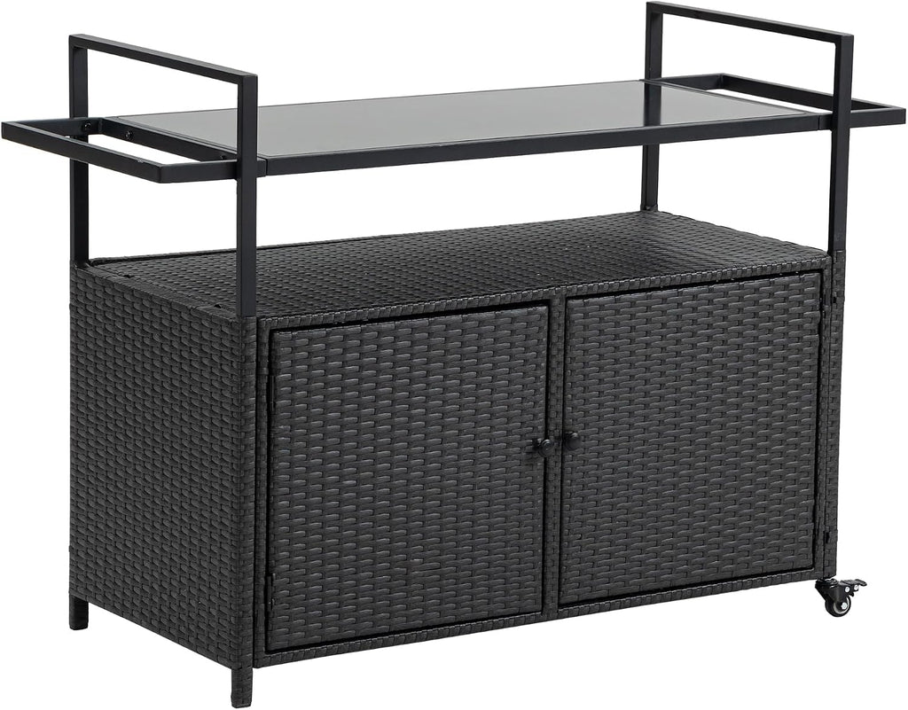 Outdoor Rattan Bar Cart, Rolling Wicker Bar Table with Tempered Glass Tabletop, Patio Wine Beverage Serving Cart with Wheels, Outdoor Storage Table for Porch, Backyard, Garden, Poolside, Black