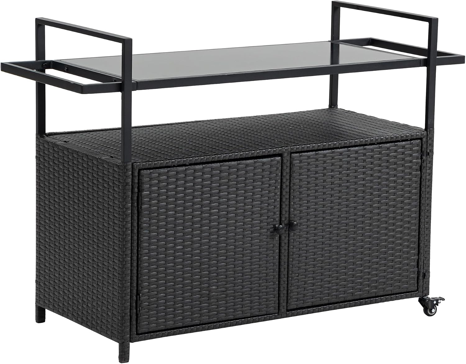 Outdoor Rattan Bar Cart, Rolling Wicker Bar Table with Tempered Glass Tabletop, Patio Wine Beverage Serving Cart with Wheels, Outdoor Storage Table for Porch, Backyard, Garden, Poolside, Black