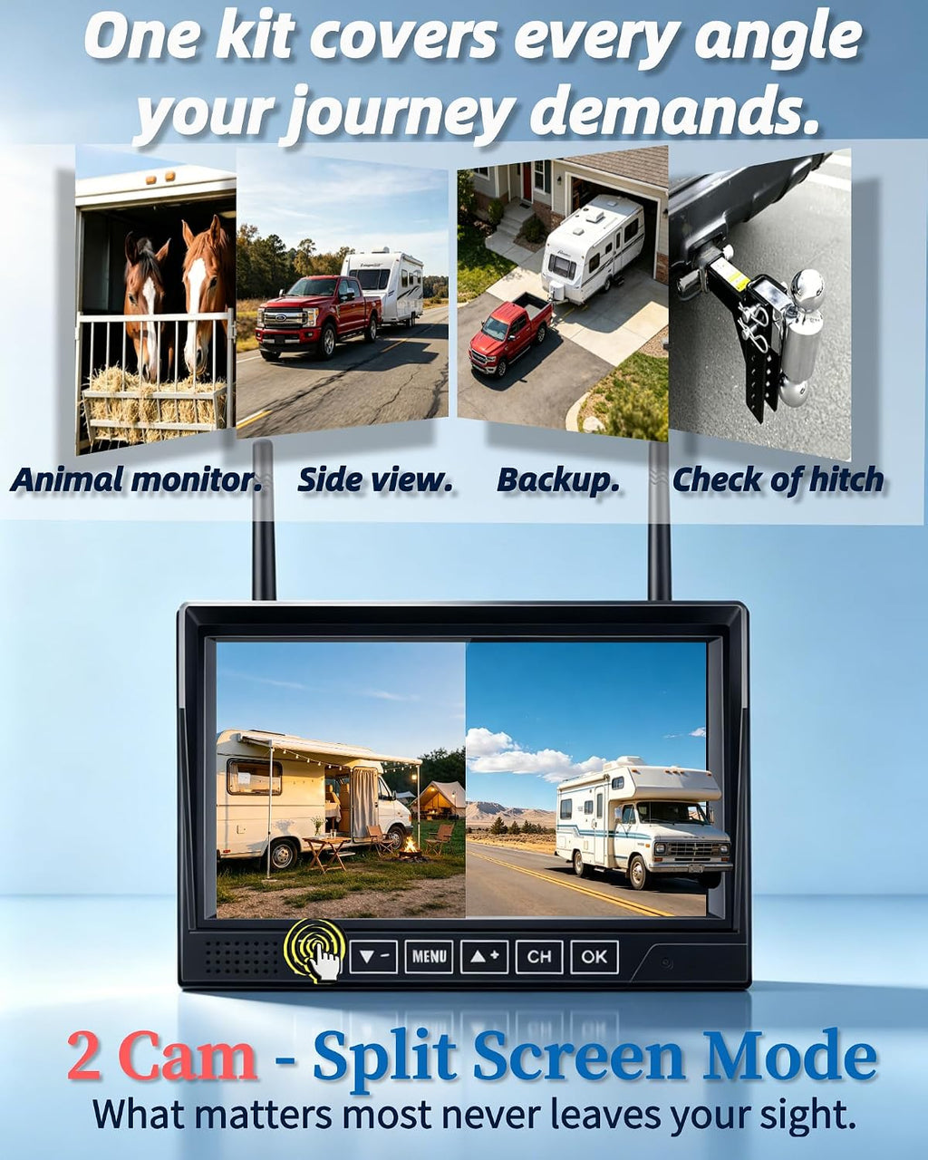 HD 1080P Dual Wireless Backup Camera: 1-Second Magnetic Easy Install RV Backup Camera with 7-inch Split-Screen DVR Monitor - 15200mAh Solar Battery, Up to 3-Day Trip for RV Camping & Travel Trailers
