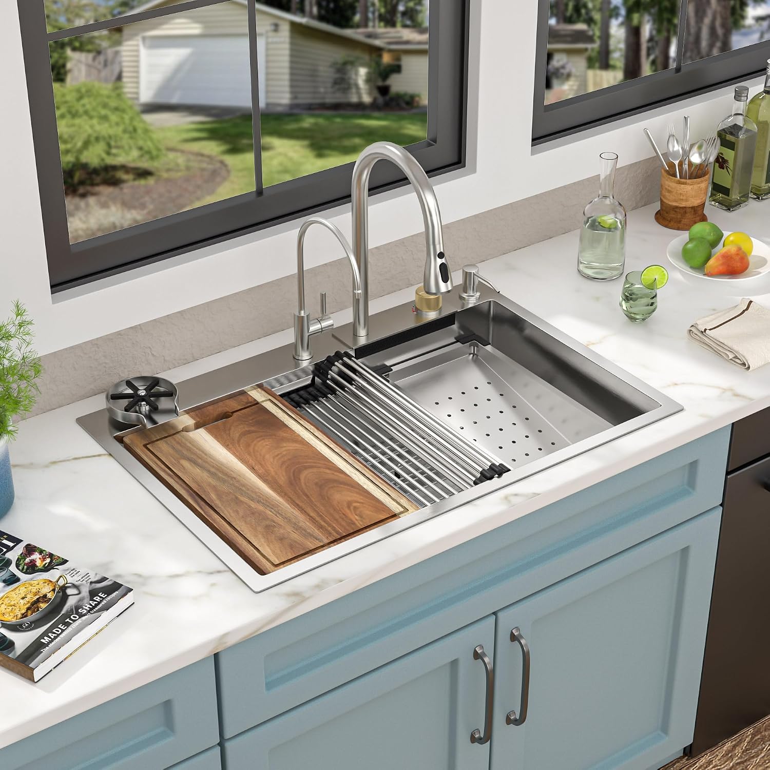 33'x22' Drop In Waterfall Kitchen Sink - 16 Gauge 304 Stainless Steel Top Mount Multifunctional Single Bowl Smart Workstation Waterfall Sink with Faucet Combo, Glass Rinser