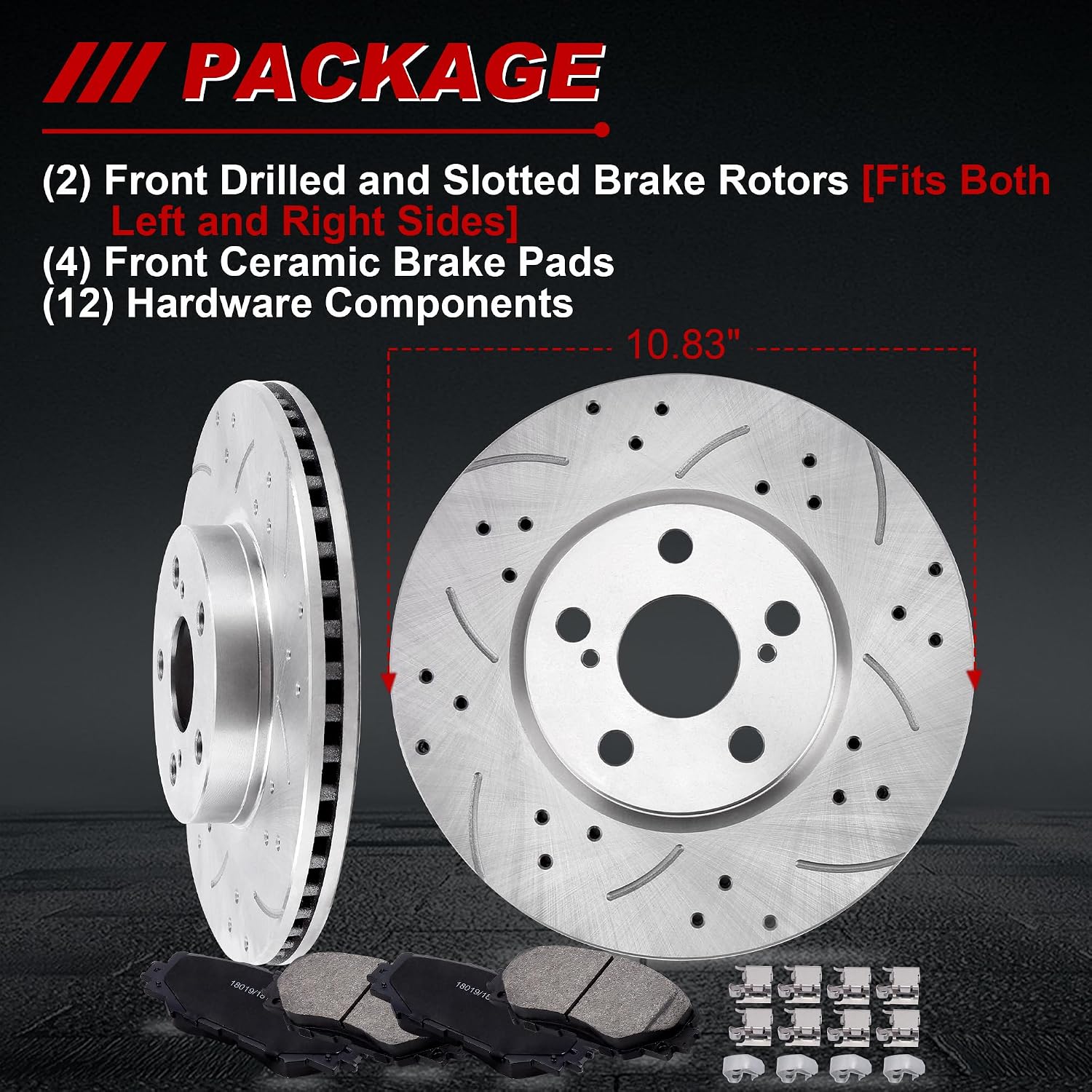 Front Drilled and Slotted Brake Pads and Rotors Kit Ceramic Automotive Replacement Brake Kits Vented 10.83 Inch Compatible for Toyota Corolla Matrix 2008-2019 (18 Pcs)