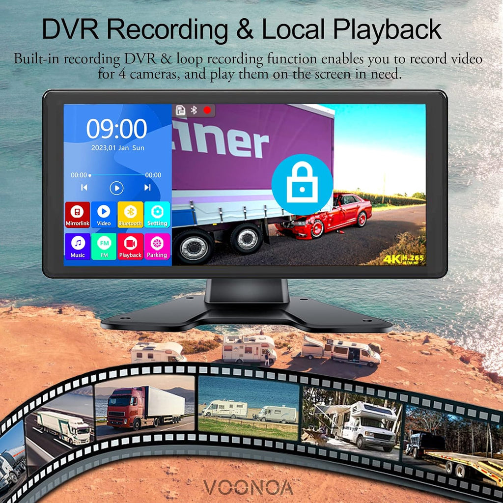 4K RV Backup Camera System 10.36' Quad Split Touch Screen Monitor with 4 1080P Rear Side View Camera, DVR Recording Bluetooth MP3 MP5 IP69 Waterproof Night Vision for RV Truck Trailer Tractor