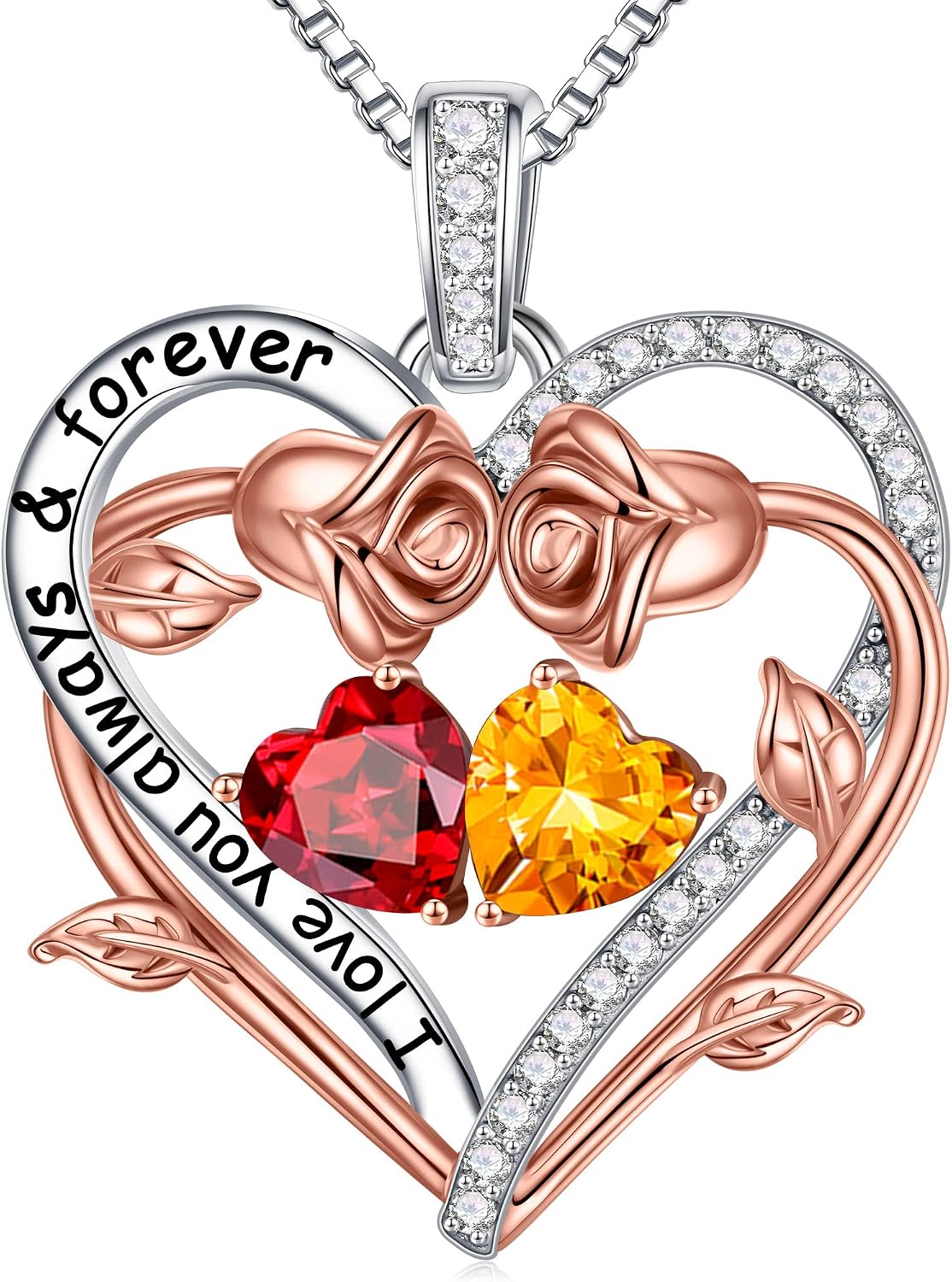 Iefil Rose Heart Double Birthstone Necklace Gifts for Wife Girlfriend Her Women, Birthstone Jewelry Gemstone Birthday Gifts for Mom Grandma Her Wife Women