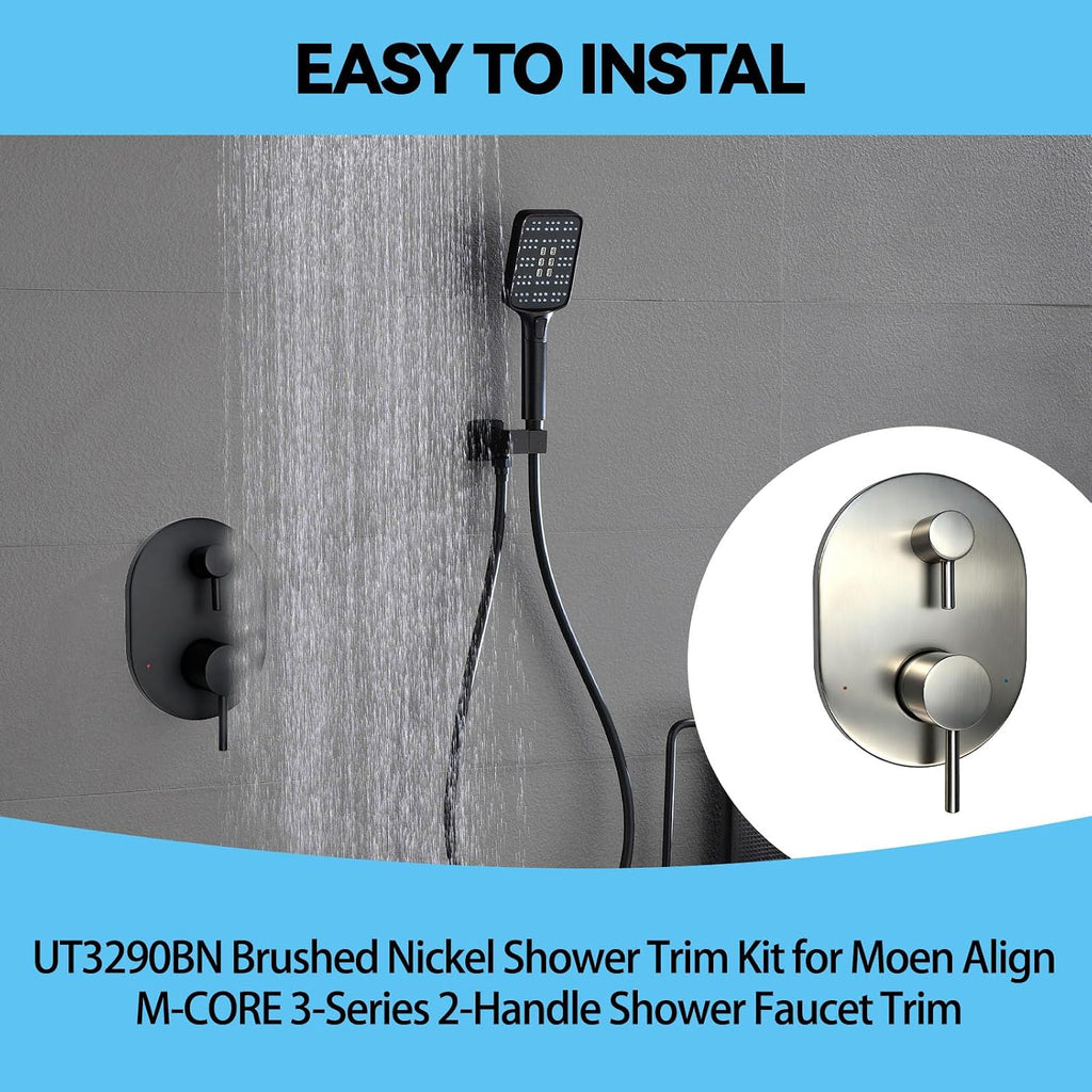 UT3290BN Brushed Nickel Shower Trim Kit for Moen Align M-CORE 3-Series 2-Handle Shower Faucet Trim, Shower Handle Trim Includes 1213 Cartridge for Moen U232CIS M-CORE Mixing Valve, Valve Required