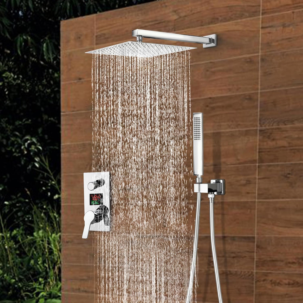 SKWOLL Shower Faucet Set Polished Chrome, Wall Mount 12 Inch Rainfall Shower Head with Handheld, 2 Function Shower Mixer Valve Kit Digital Display Included
