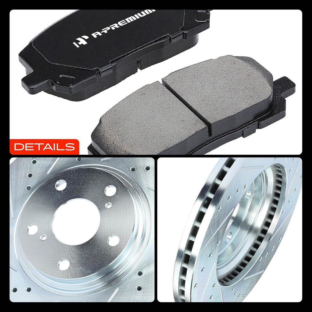 A-Premium 12.56 inch (319mm) Front Drilled and Slotted Disc Brake Rotors + Ceramic Pads Kit Compatible with Select Toyota Models - Highlander 2001 2002 2003 2004 2005 2006 2007, 6-PC Set
