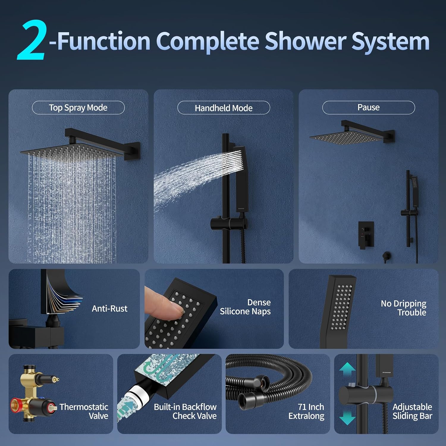 SR SUN RISE 10 Inch Slide Bar Shower Faucet Luxury High Pressure Shower Heads and Handheld Spray Combo Set Wall Mounted Shower System Included Valve and Trim Kit, Matte Black