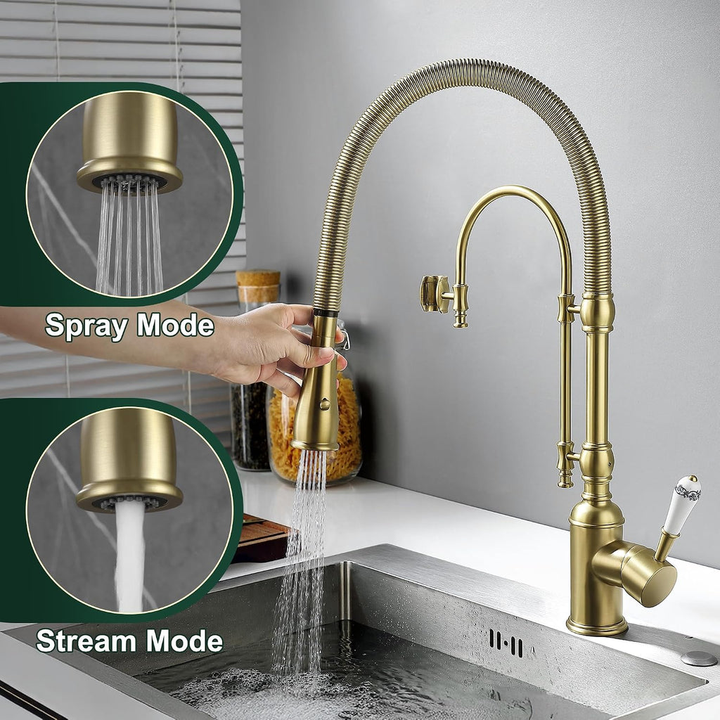 Antique High Arc Classical Single Handle Spring Kitchen Faucet with Pull Down Sprayer, Swiveling Commercial Kitchen Sink Faucets for Farmhouse, Vintage Sink Faucet, Brushed Gold
