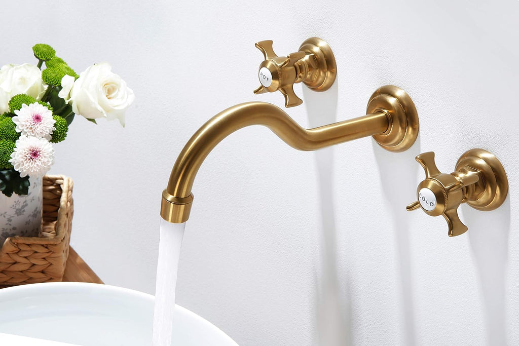 SITGES Antique Wall Faucet,Two Handle Bathroom Sink Wall Mount Faucet with Rough in Valve Included,Gold Brushed