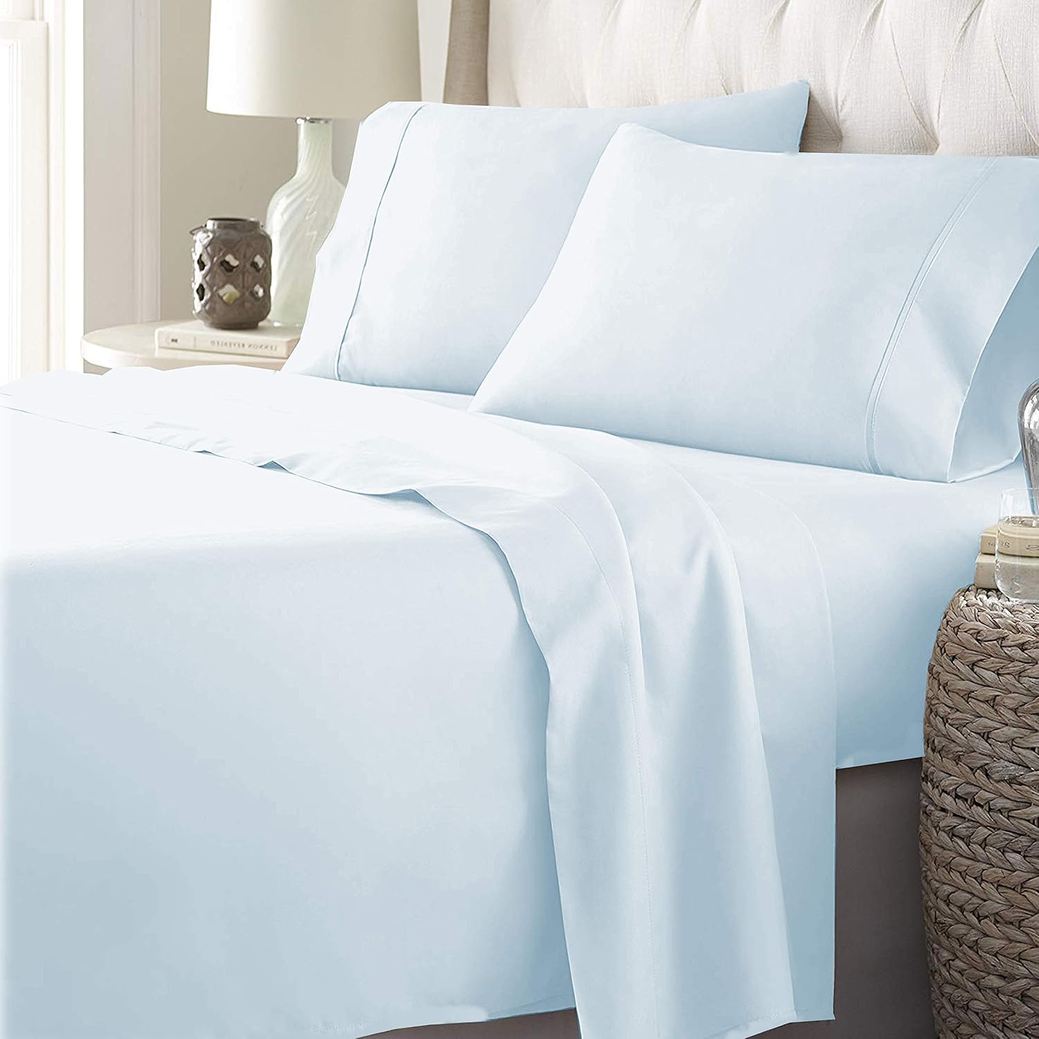 Pure 1000 Thread Count Egyptian Cotton- Sateen Weave- Olympic Queen(66' X 80') Light Blue Sheet Set - 4-Piece 14'-18' Inches Standard Drop Length Elastic Bounded