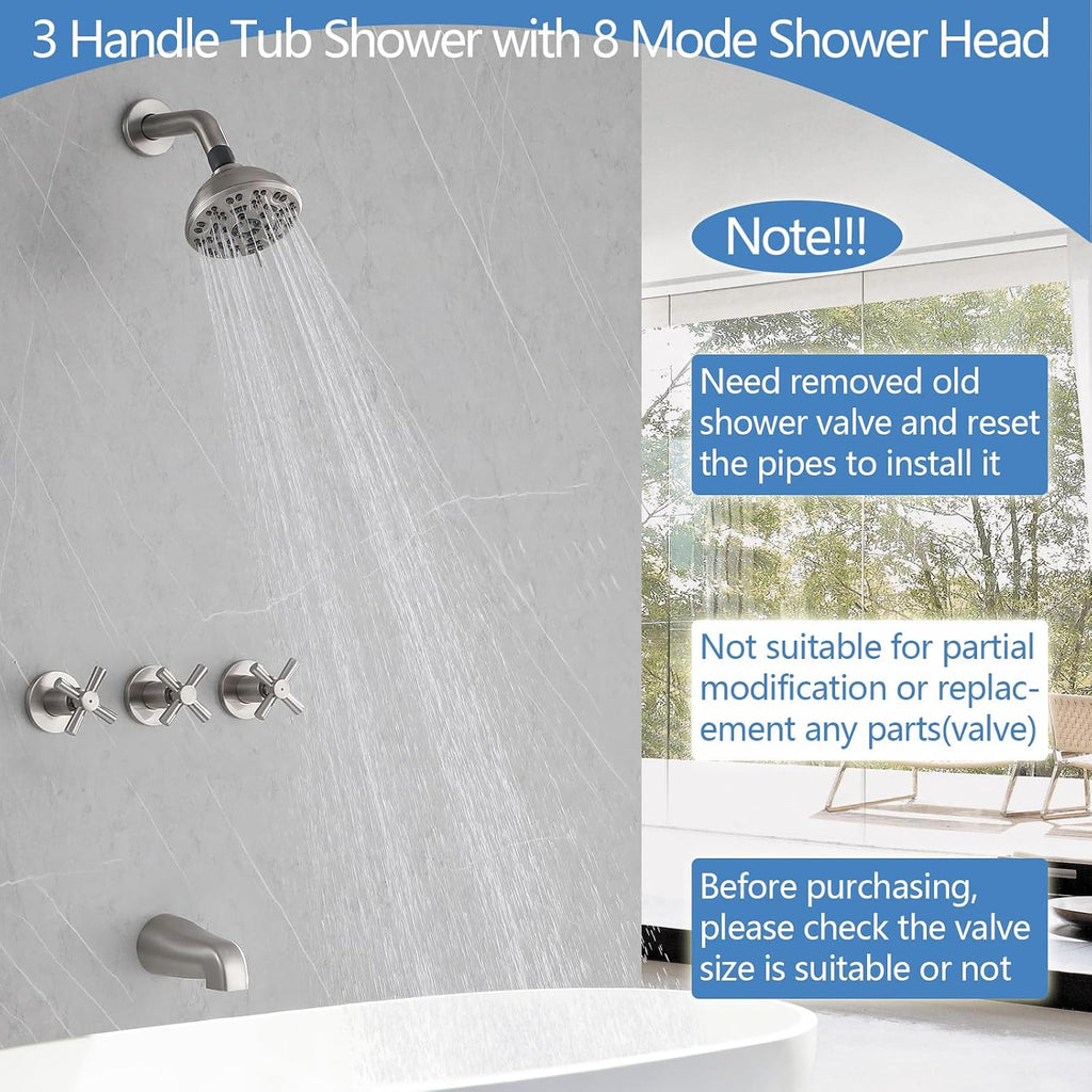 3 Handles Shower Faucet Set with Tub Spout Bathtub Shower Faucets Combo Set Shower System Complete Tub and Shower Trim Kit Shower Fixtures Brushed Nickel