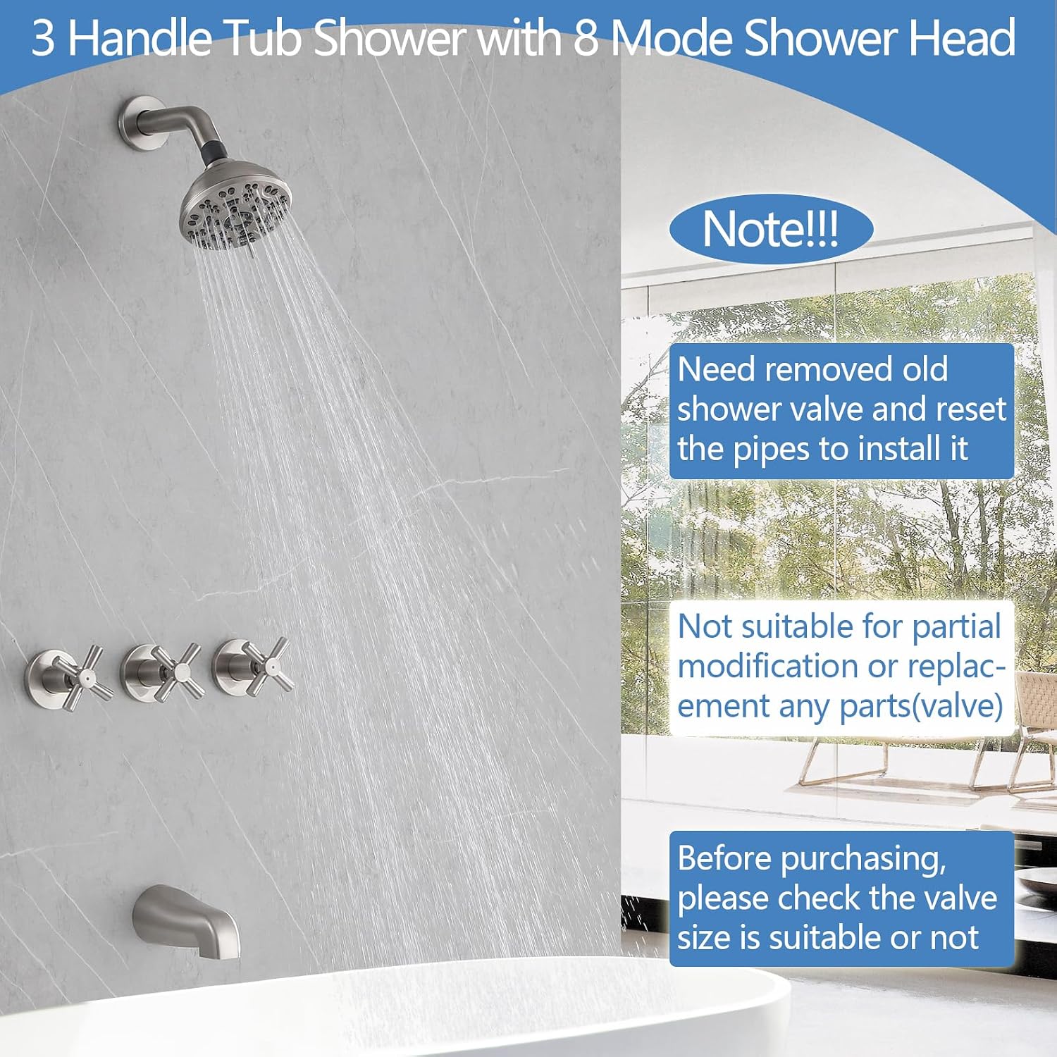 3 Handles Shower Faucet Set with Tub Spout Bathtub Shower Faucets Combo Set Shower System Complete Tub and Shower Trim Kit Shower Fixtures Brushed Nickel