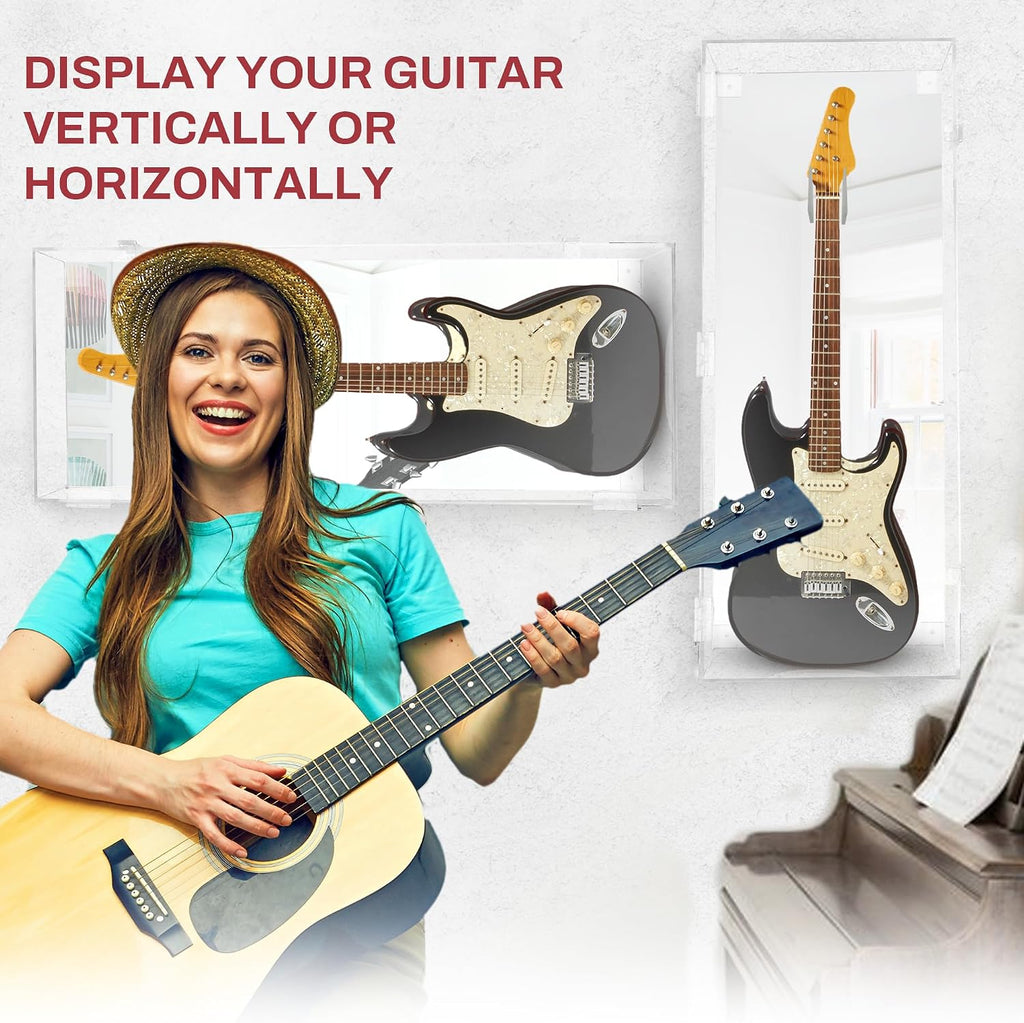 PENNZONI Electric Guitar Display Case - Fully Acrylic Electric Guitar Case With Mirror Back - Horizontal Guitar Display Case Wall Mount, Guitar Wall Case Made from Clear Acrylic
