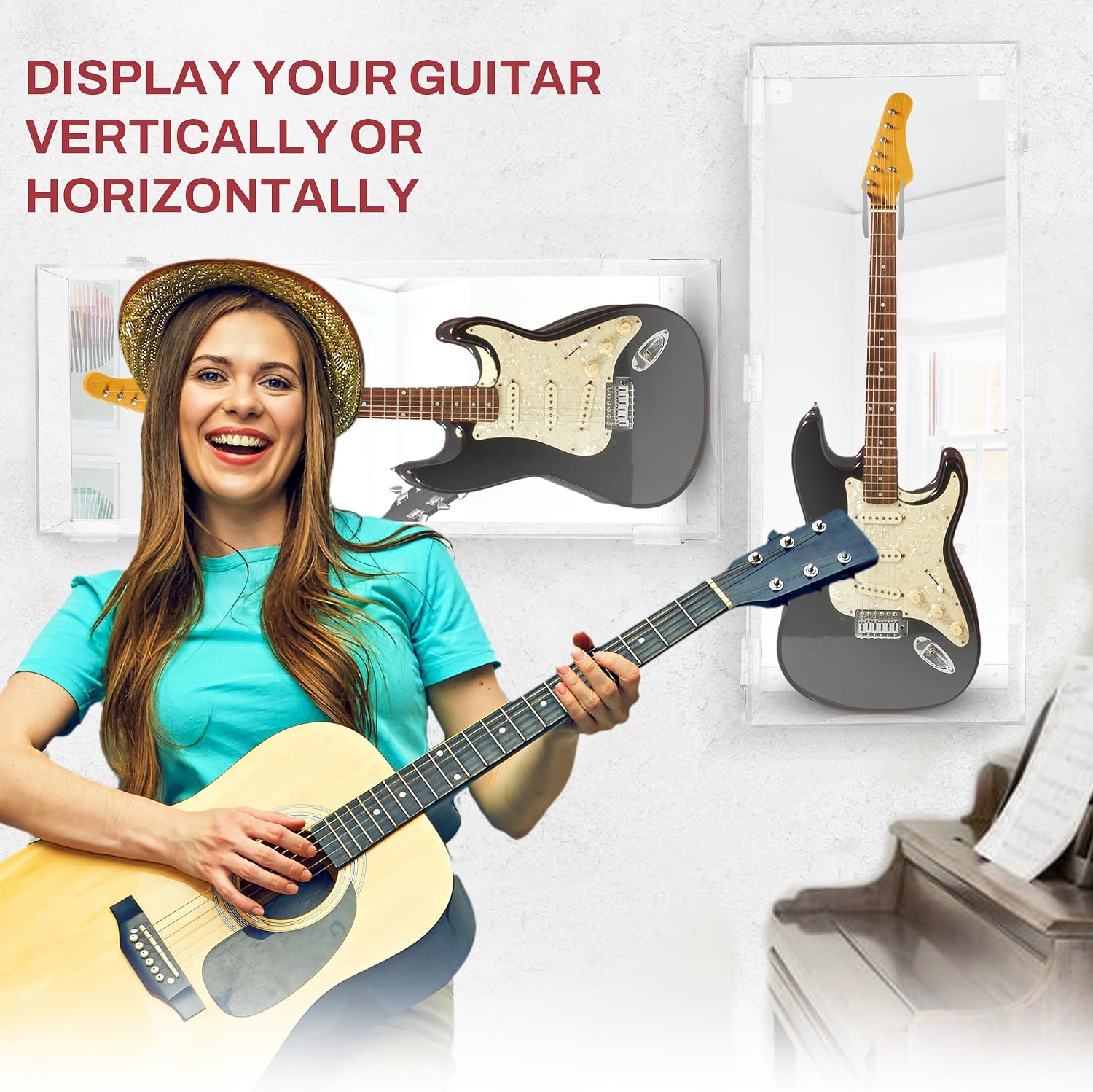 PENNZONI Electric Guitar Display Case - Fully Acrylic Electric Guitar Case With Mirror Back - Horizontal Guitar Display Case Wall Mount, Guitar Wall Case Made from Clear Acrylic