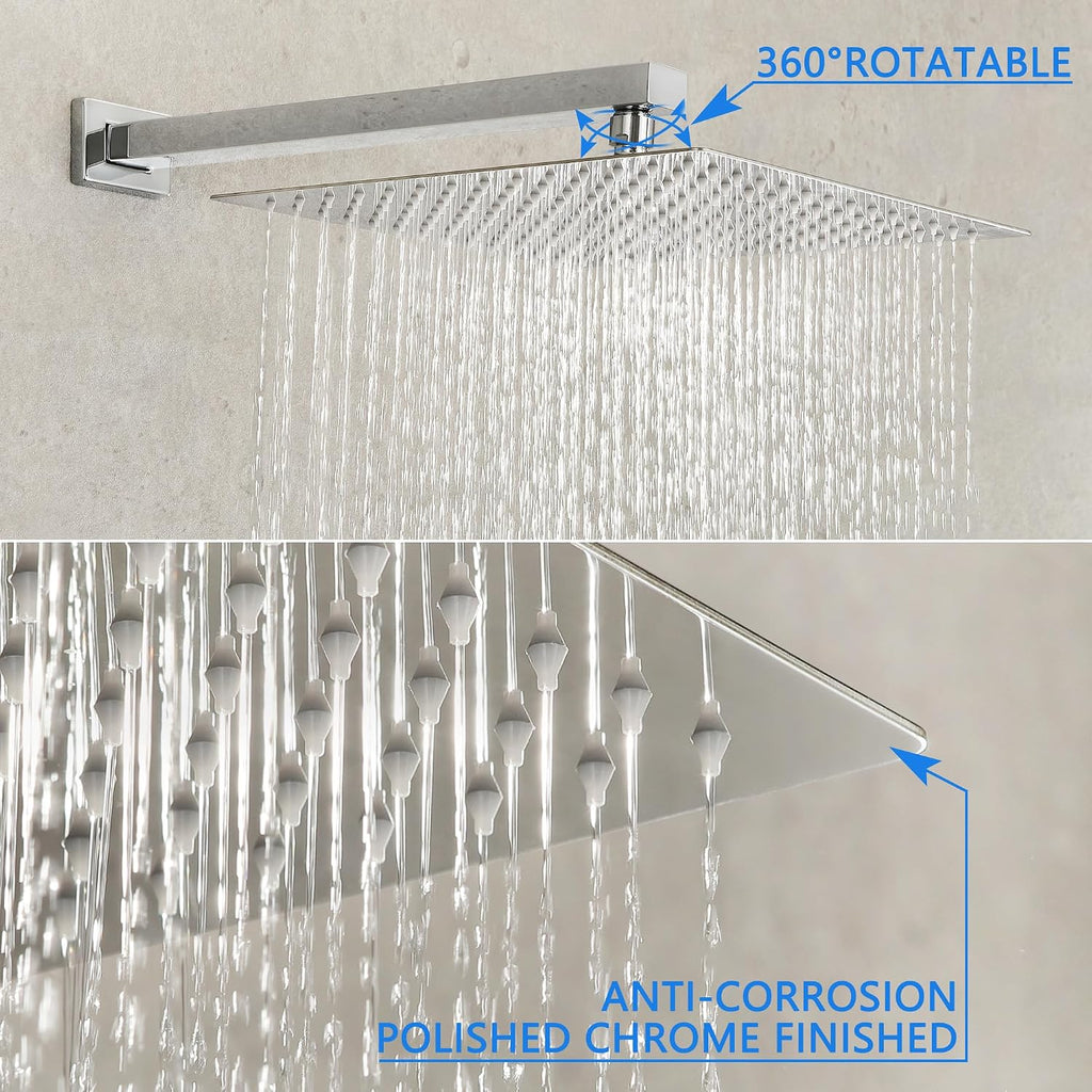 SKWOLL Shower Faucet Set Polished Chrome, Wall Mount 12 Inch Rainfall Shower Head with Handheld, 2 Function Shower Mixer Valve Kit Digital Display Included