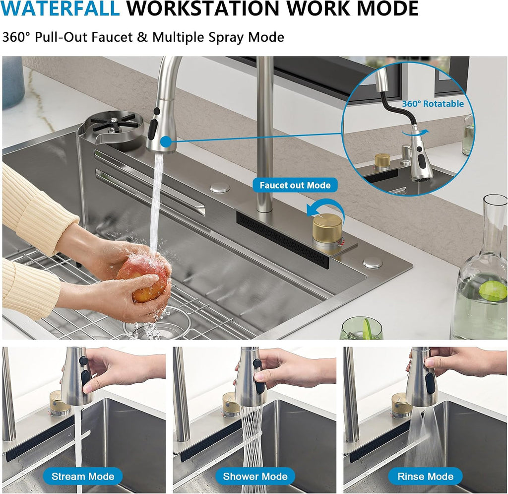 33'x22' Drop In Waterfall Kitchen Sink - 16 Gauge 304 Stainless Steel Top Mount Multifunctional Single Bowl Smart Workstation Waterfall Sink with Faucet Combo, Glass Rinser