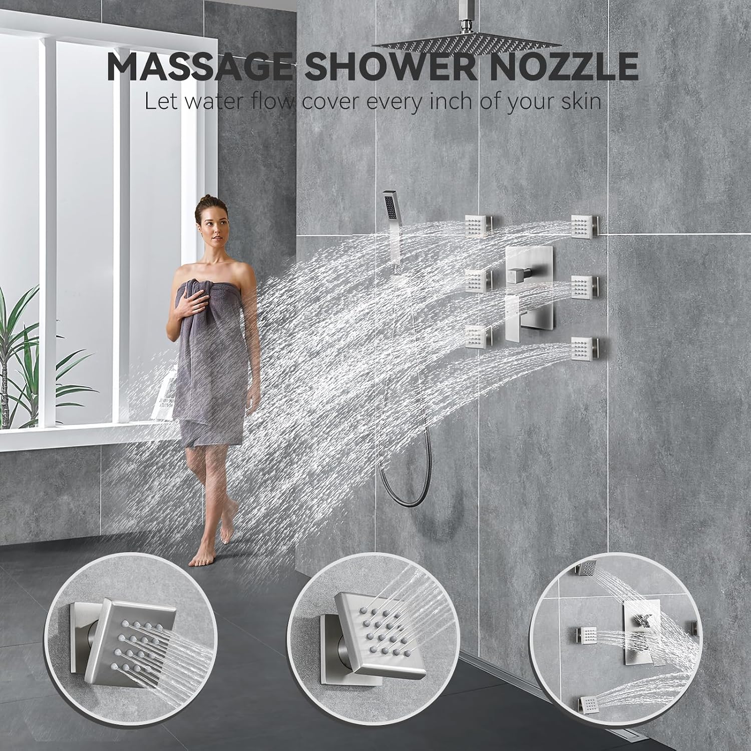Rain Shower System With Complete 6 Pcs Body Sprays Jets And Pressured Balance Rough-in Valve,12Inch Rainfall Shower Head And Handheld, Modern Brushed Nickel Ceiling Mount Shower Faucet Sets
