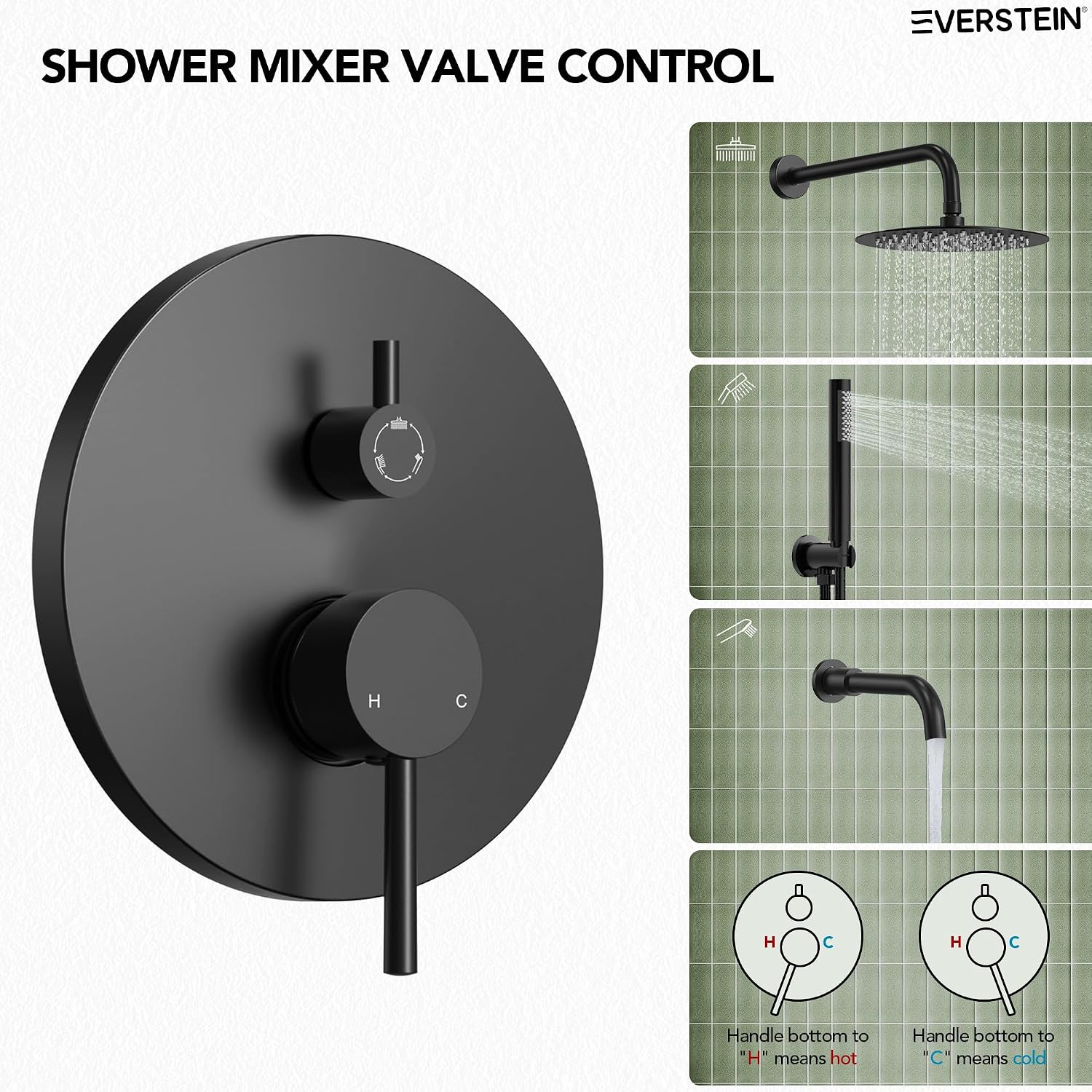 10' High-Pressure Rainfall Shower System with Handheld Spray, Wall Mount Bathroom Shower Faucet Set with Tub Spout (Matte Black)