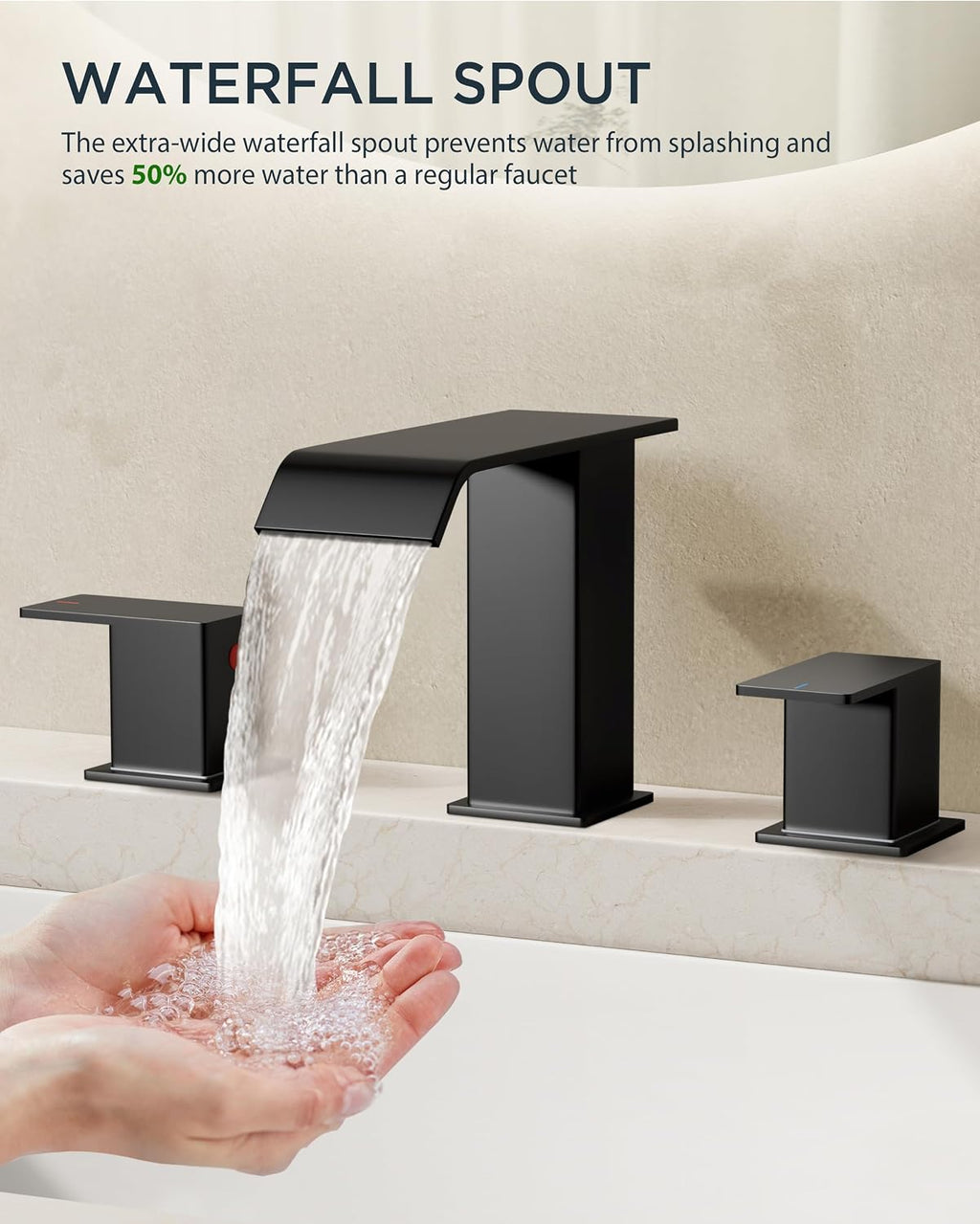 FORIOUS Bathroom Faucets 3 Hole,Matte Black 8 Inch Widespread Bathroom Sink Faucet Waterfall Spout 2 Pack, with Pop Up Drain and Water Supply, Suitable for Vanity Rv Commercial Lavatory Restroom