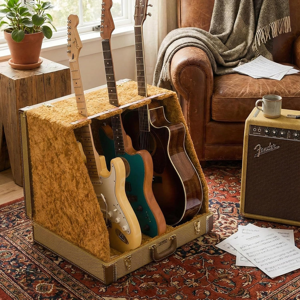 Fender Classic Series Case Stand - 3 Guitars Brown Bundle with Austin Bazaar Exclusive 24-Pack Picks