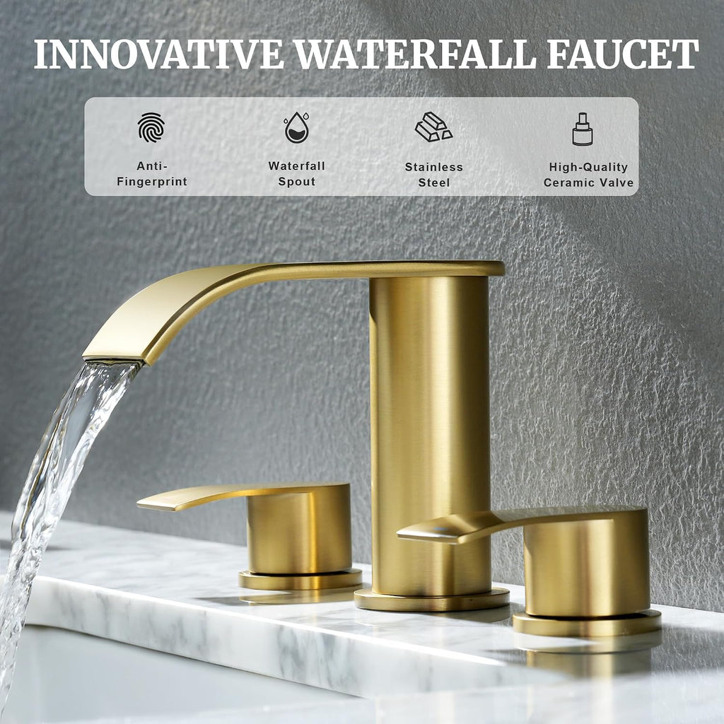 Ultimate Unicorn 8 inch Bathroom Faucet Brushed Gold, Waterfall Bathroom Faucet with Metal Pop-up Sink Drain Stopper and 2 Supply Hoses,2 Handle Widespread Faucets for Vanity Sink 3 Holes (Pack of 2)