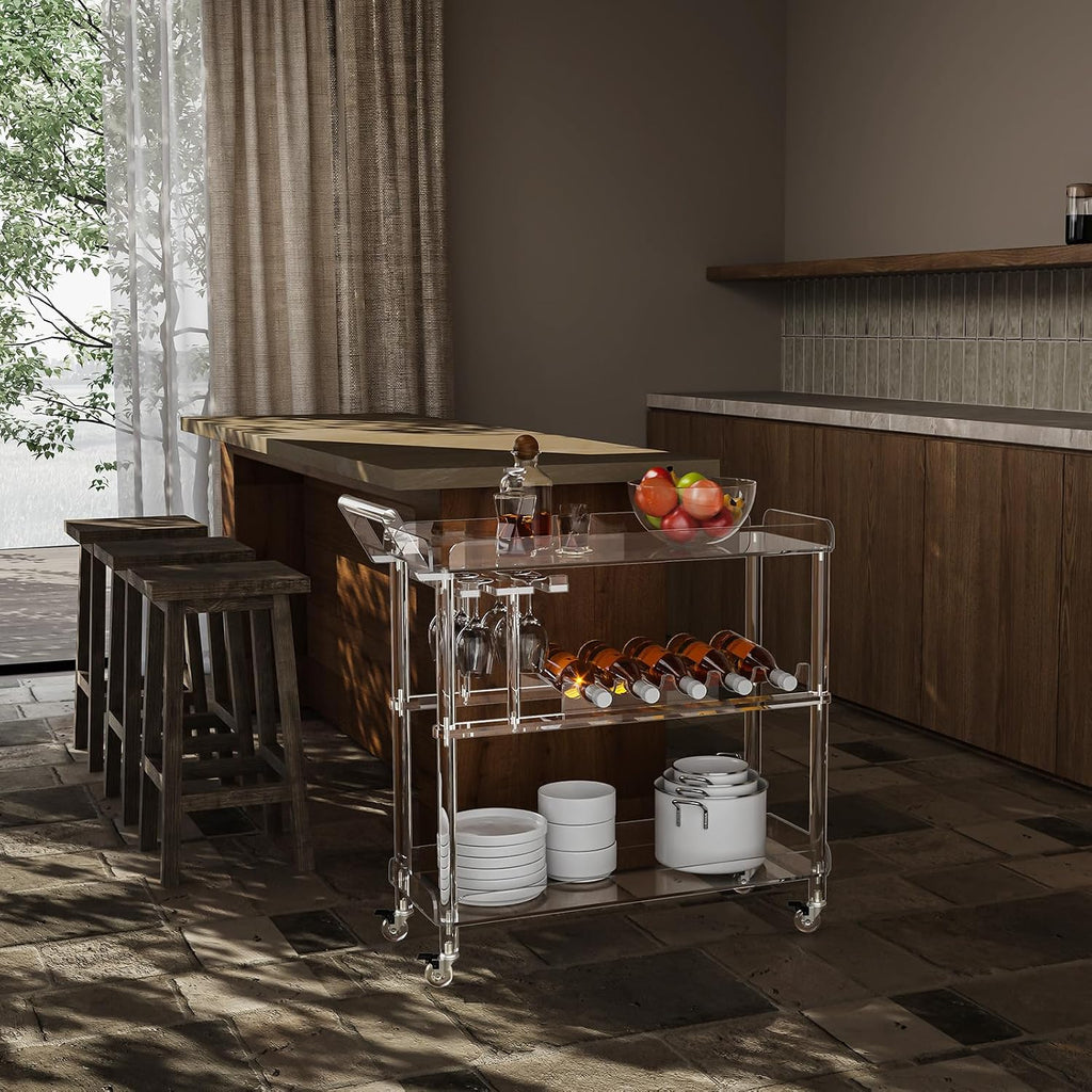 HMYHUM Acrylic Bar Cart with 4 Lockable Wheels, Clear Serving Cart with Wine Rack and Glass Holder, Rolling Beverage Cart for Home, Kitchen, Dinning Room, 33.7' L x 13' W x 34.8' H