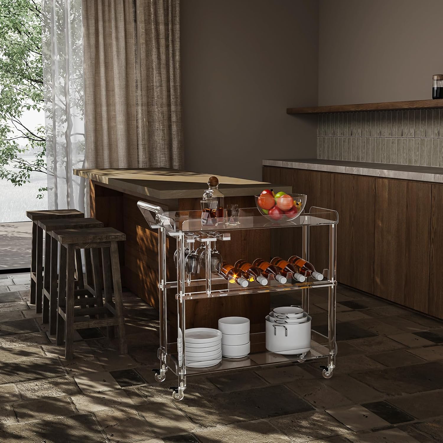 HMYHUM Acrylic Bar Cart with 4 Lockable Wheels, Clear Serving Cart with Wine Rack and Glass Holder, Rolling Beverage Cart for Home, Kitchen, Dinning Room, 33.7' L x 13' W x 34.8' H