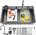 27' x 18' Black-Gray Waterfall Kitchen Sink, Drop In Stainless Steel Modern Single Bowl Sink with Pull-Out Spray Faucet, Cup Washer & Accessories