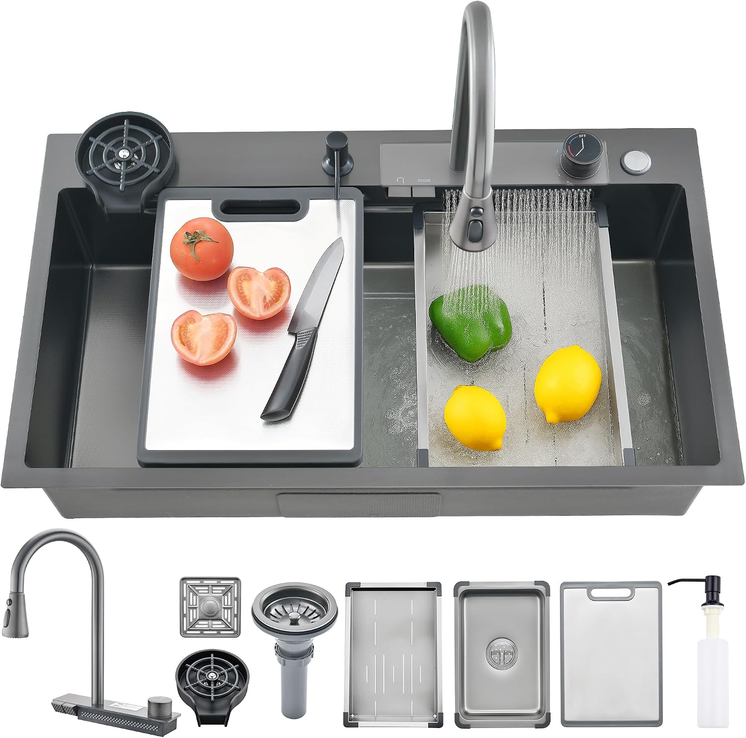 27' x 18' Black-Gray Waterfall Kitchen Sink, Drop In Stainless Steel Modern Single Bowl Sink with Pull-Out Spray Faucet, Cup Washer & Accessories