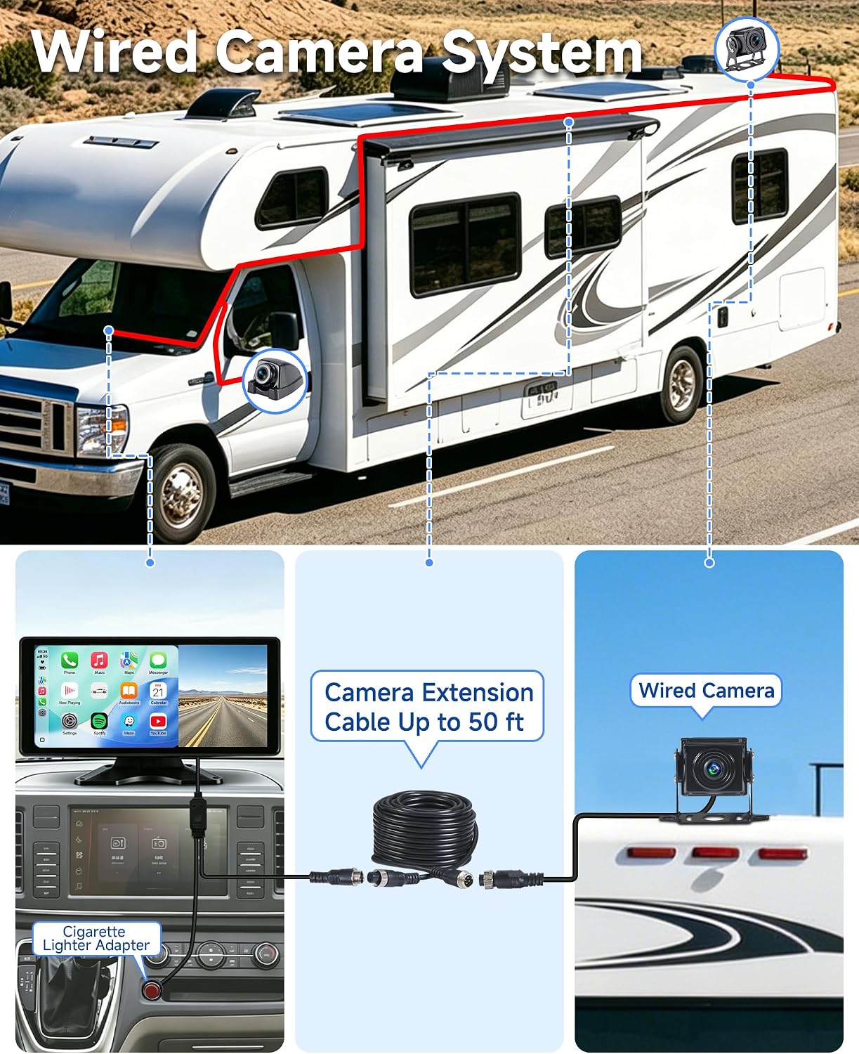 RV Camera System with CarPlay Android Auto 10.36 Inch Touch Monitor | 4 1080P wired IP69 backup cameras, BSD blind spot alert, 24H parking monitor, DVR recording, for semi truck trailer RV camper