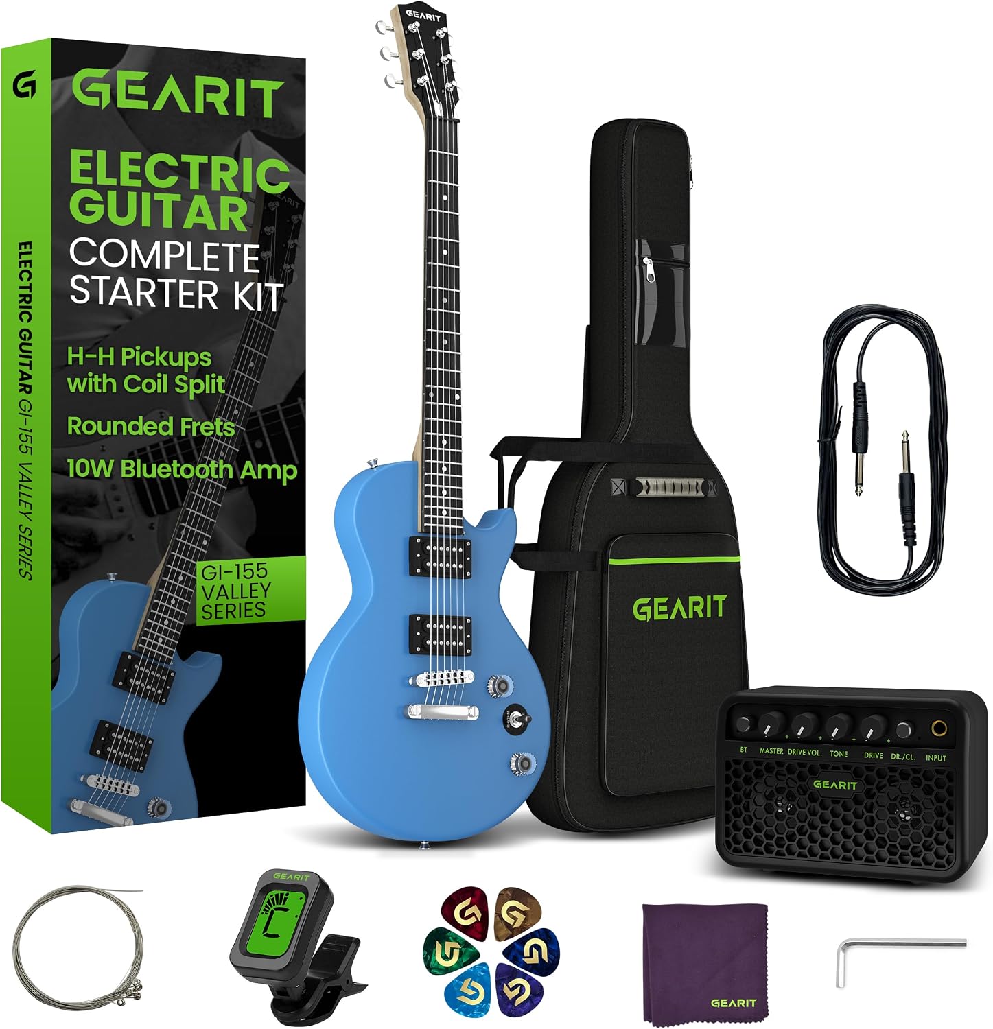 GEARit Electric Guitar 39' Full Size Beginner Electric Guitar Kit with Amp, Dual Humbucker Pickups with Coil Split, 10W Bluetooth Amplifier, Gig Bag, Tuner, Strap, Picks & Extra Strings(Blue)
