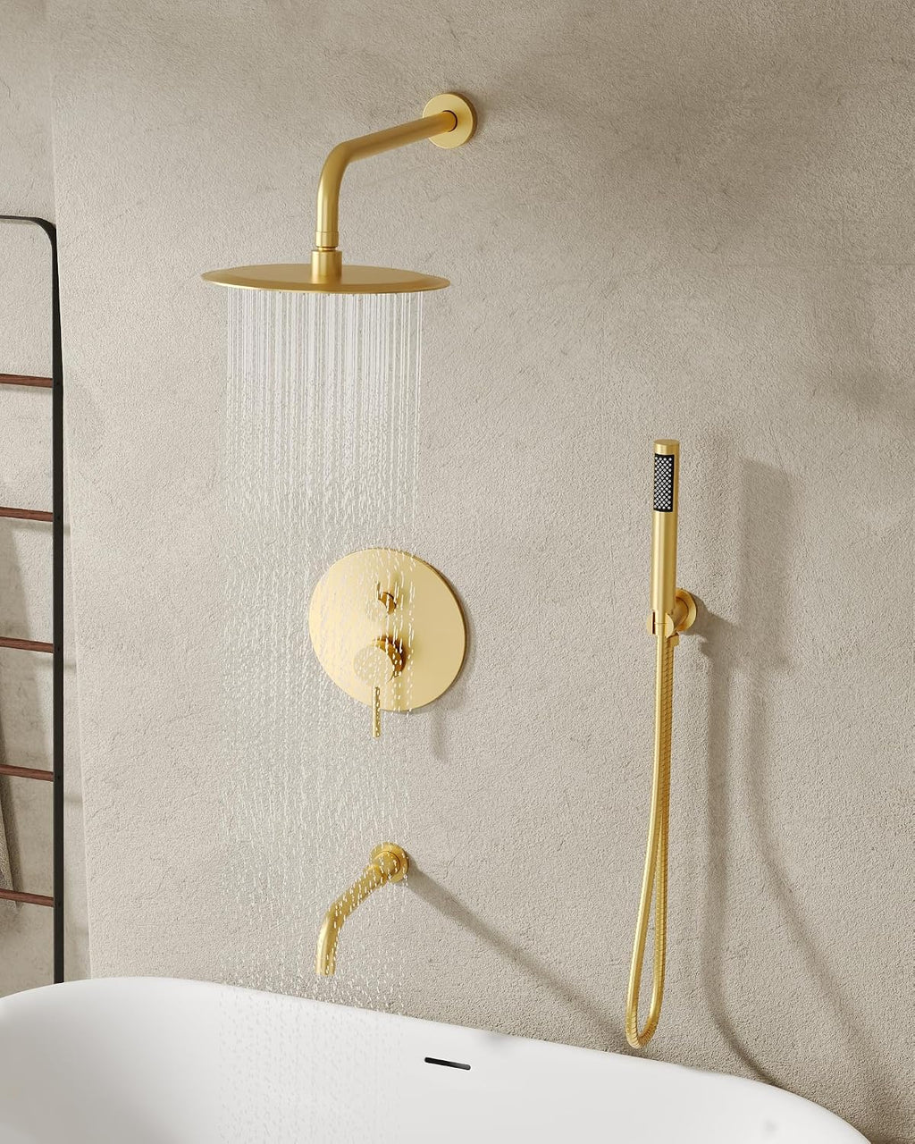 10' High-Pressure Rainfall Shower System with Handheld Spray, Wall Mount Bathroom Shower Faucet Set with Tub Spout, Brushed Gold (Valve Included)