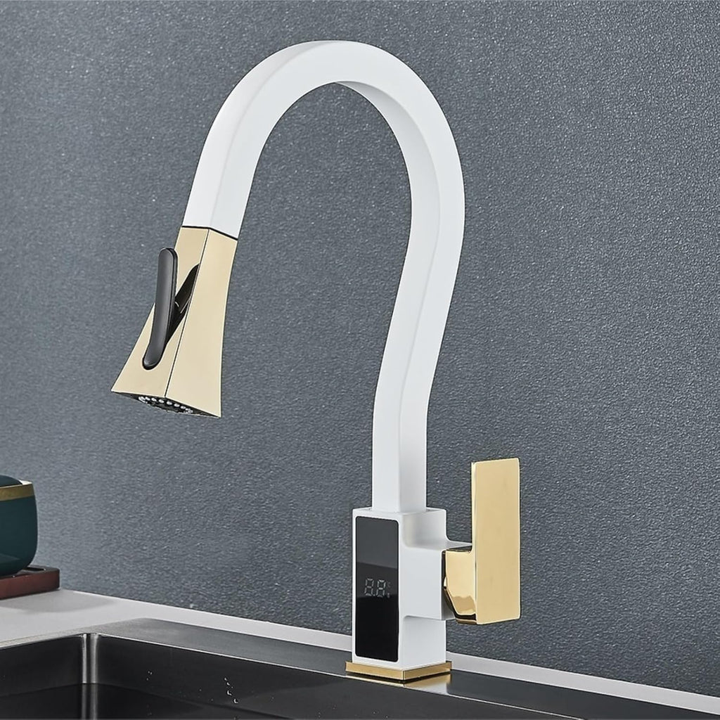 Smart Digital Display Kitchen Faucet Single Handle Pull Out Kitchen Sink Mixer Hot Cold Water Taps(White Gold)