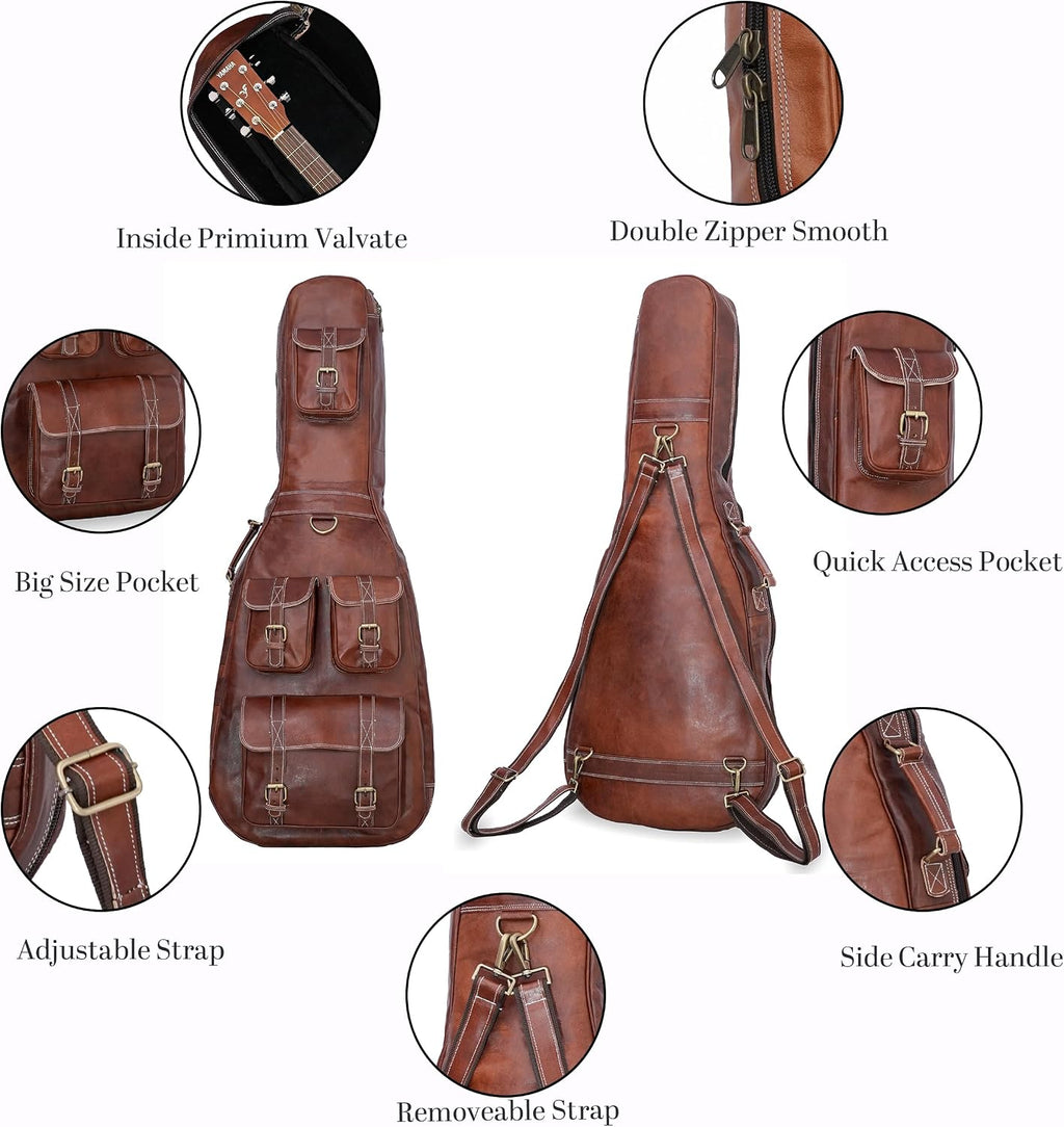 Premium Leather Guitar Gig Bag, Electric And Acoustic Guitar Case with Multiple Storage Pockets, Detachable And Adjustable Straps (Brown)