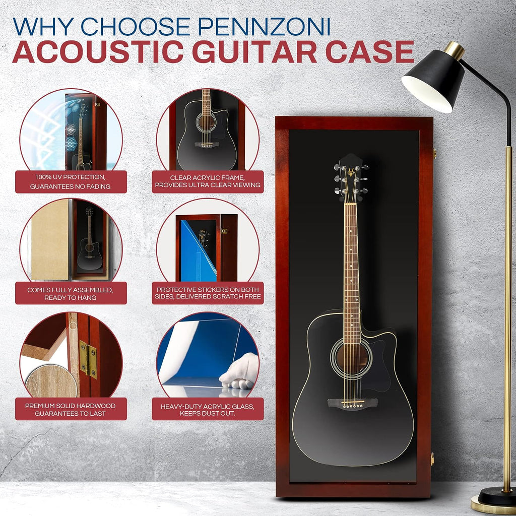 PENNZONI Acoustic Guitar Display Case - Acrylic Acoustic Guitar Case - Guitar Display Case Wall Mount Made from Hardwood Frame & Clear Acrylic - Cherry w/ Black Felt